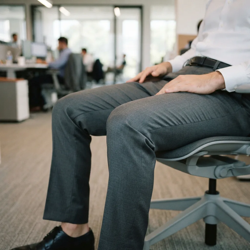 A close-up on the tailored fit and fabric of the dress pants on a person in an office chair.