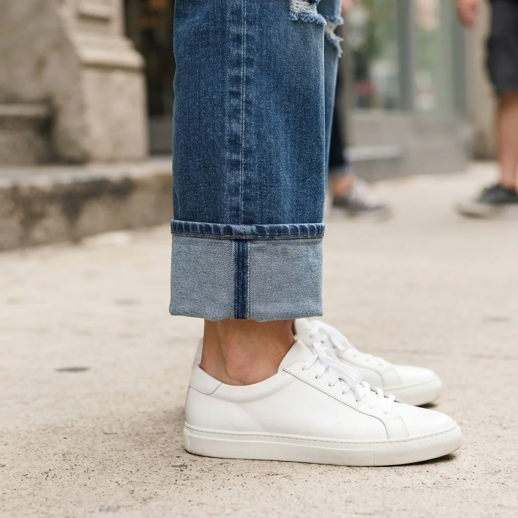 A detailed view of the cuffed hem on the Perfect Fit Denim Mid Rise Cuffed Wide Leg Jeans.