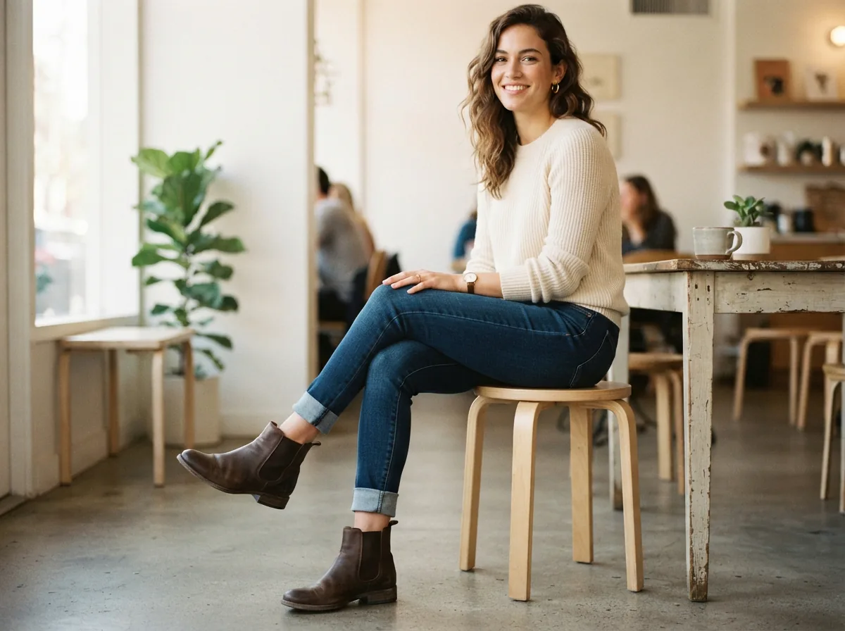 A model sitting on a stool, wearing the Perfect Fit Stretch Denim Mid Rise Skinny Rolled Cuff Jeans with ankle boots.