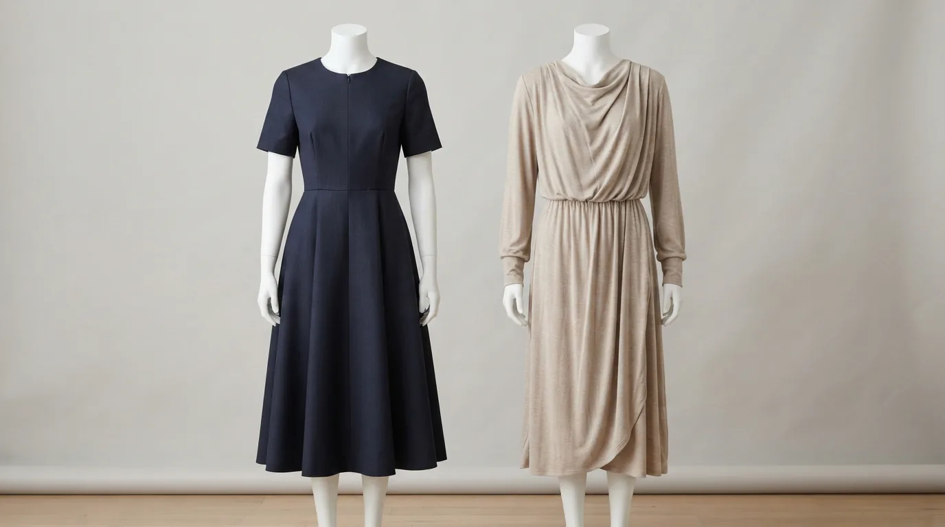 A comparison of a structured woven dress and a soft knit dress on mannequins.