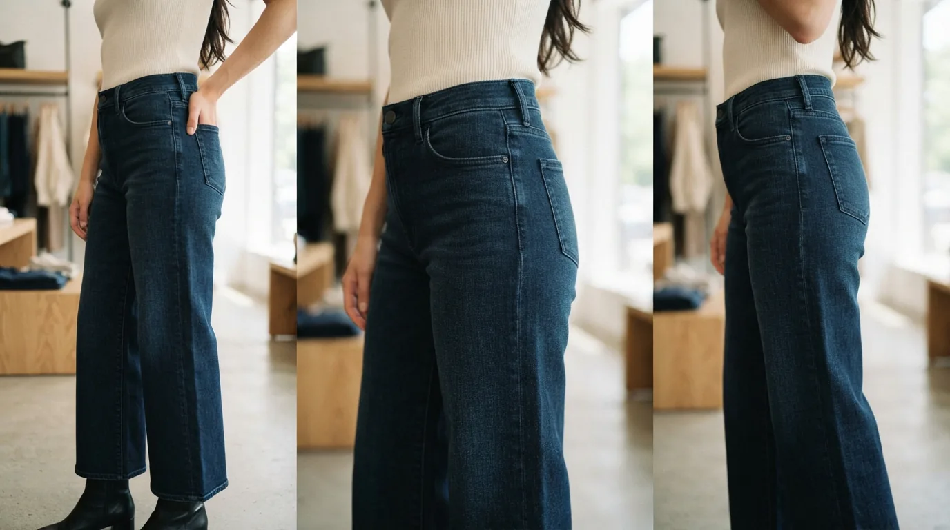 A close-up of the mid-rise waist and wide leg of the Perfect Fit Twill Mid Rise Wide Leg Jeans in a dark wash.