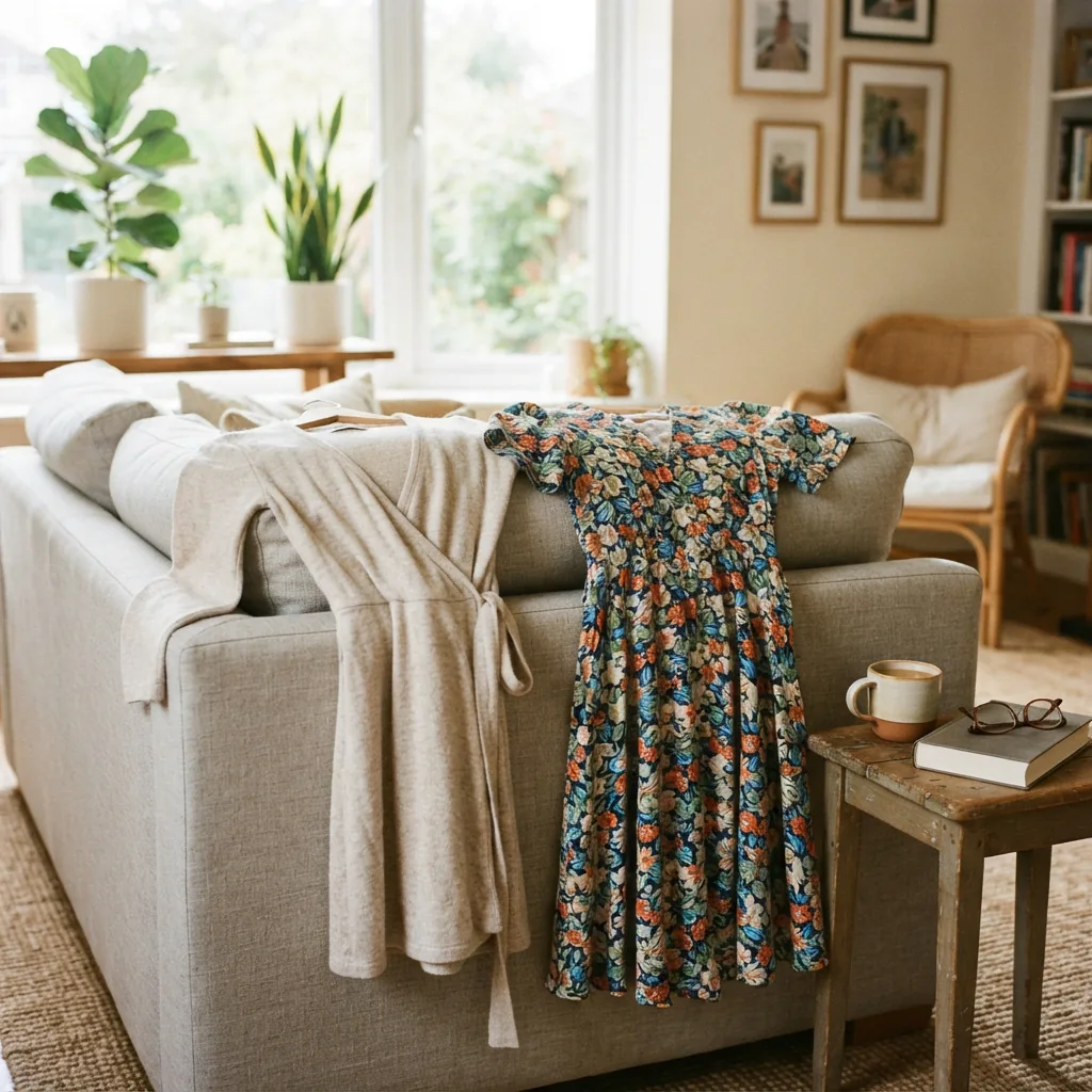 A casual knit wrap dress and a printed A-line dress displayed together