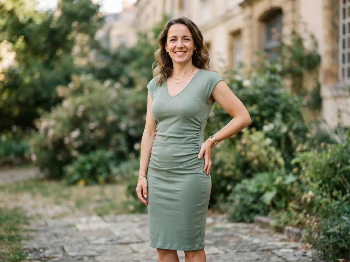 A V-neck cap sleeve ruched knit midi dress on a model