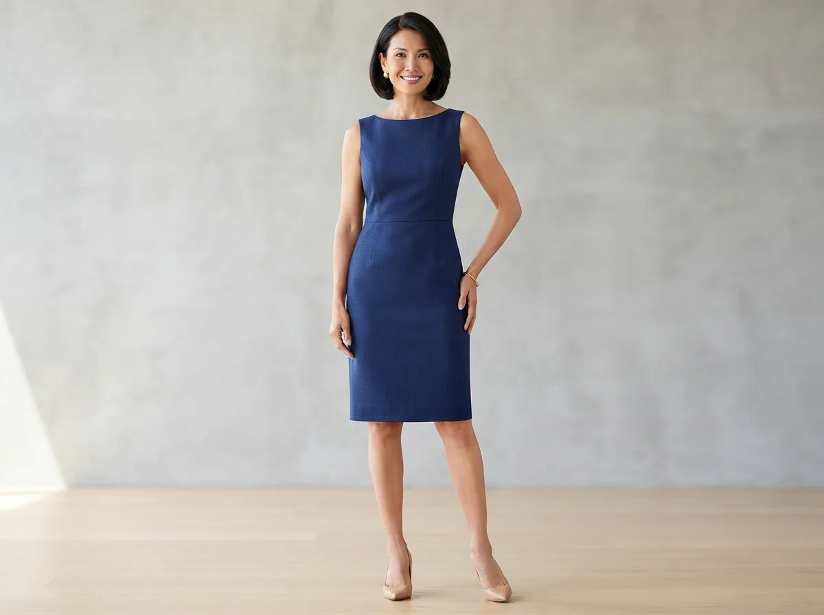 A model confidently wearing a perfect fit woven boat neck sleeveless sheath dress
