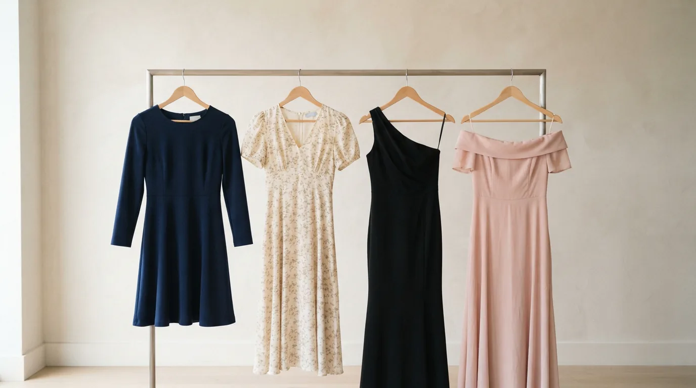 A selection of dresses hanging, showing different sleeve and neck details.