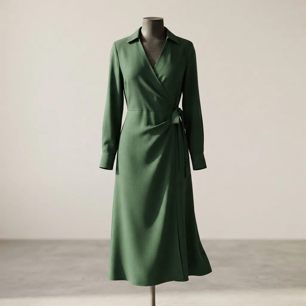 A collared V-neck long sleeve woven midi wrap dress in a solid color on a mannequin.