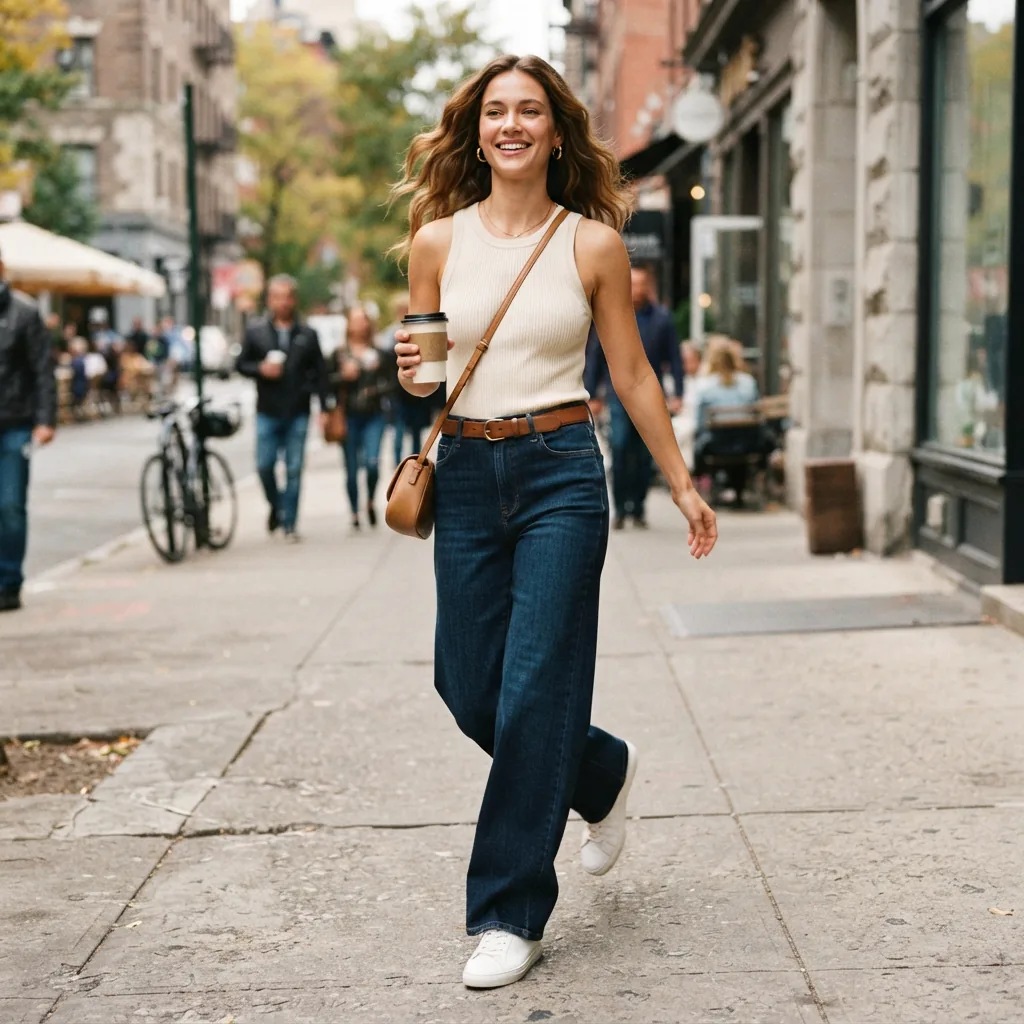 A full-length view of a model in the Perfect Fit Stretch Twill Mid Rise Wide Leg Jeans, walking forward to show the fabric movement.