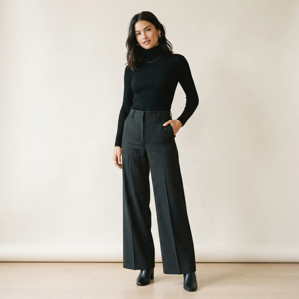 A model styled in a business casual setting wearing the pin-stripe wide-leg pants.