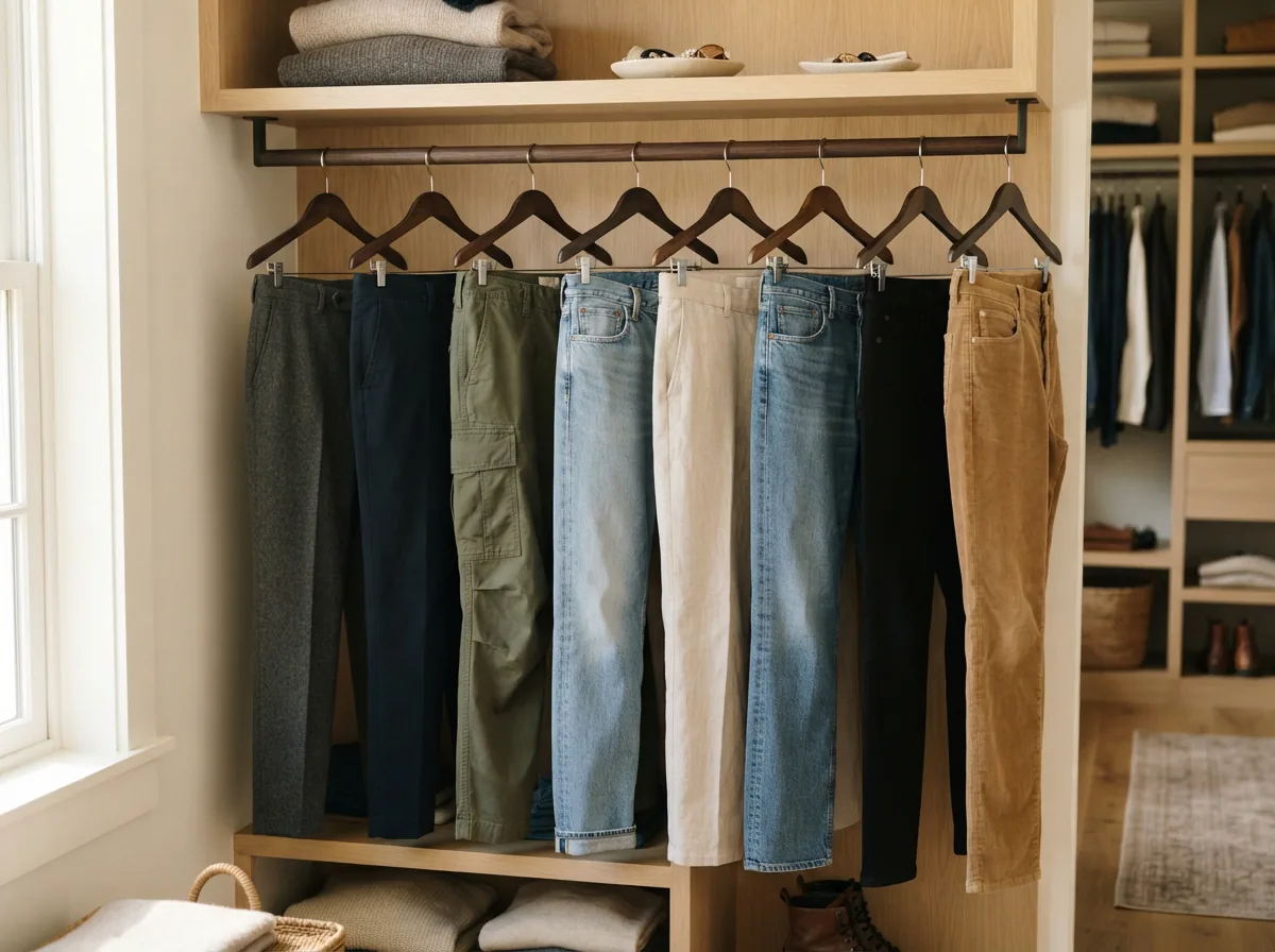 A thoughtfully organized closet with a selection of pants hanging neatly.
