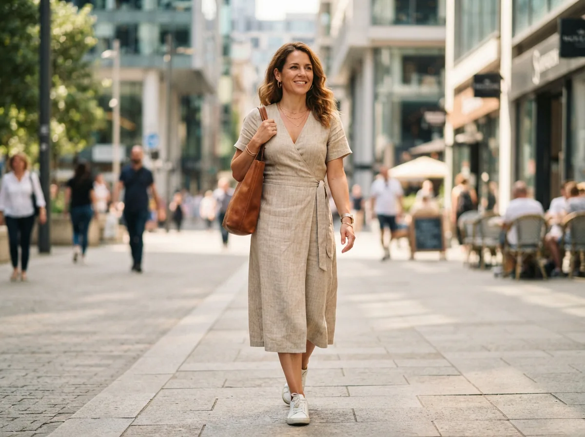 A woman confidently walking through a sunlit city street, wearing a stylish Gibson & Latimer midi dress, looking effortlessly put-together.