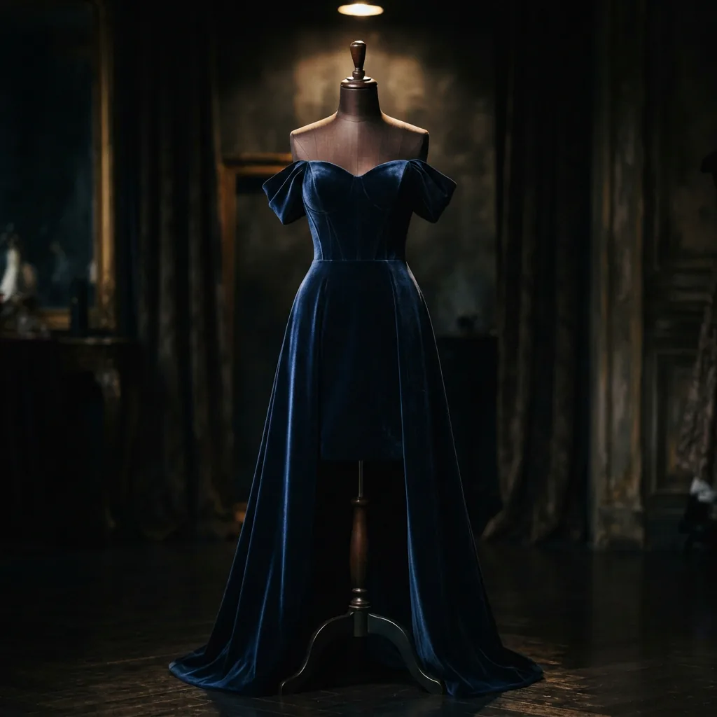 A velvet off-the-shoulder cap sleeve dress in a deep jewel tone.