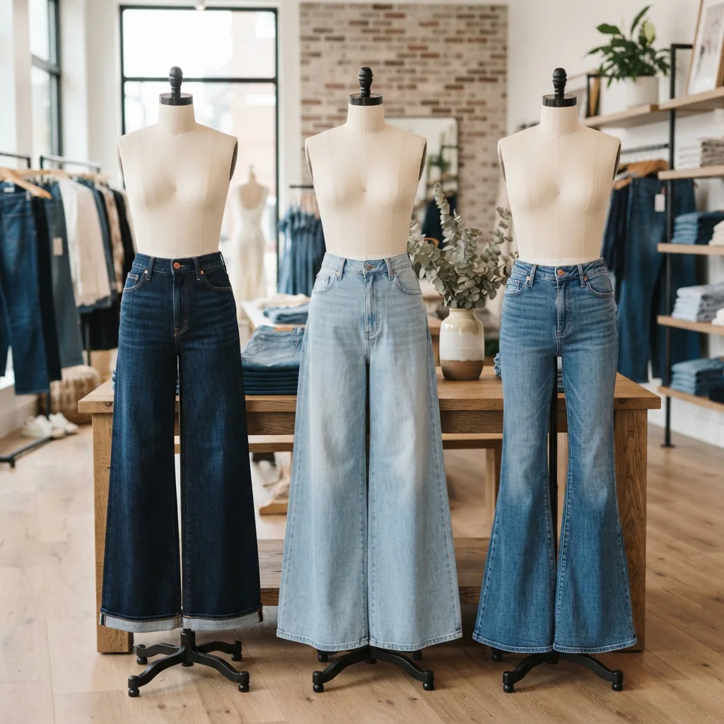 A dynamic arrangement of wide-leg, palazzo, and flared jeans displayed on mannequins or hangers to showcase their distinctive silhouettes.