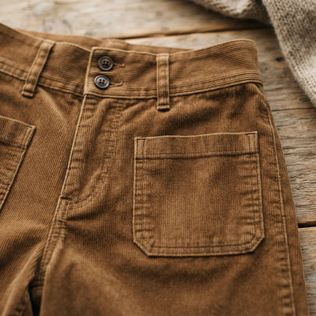A close-up on the pocket and texture of the corduroy straight-leg pants.