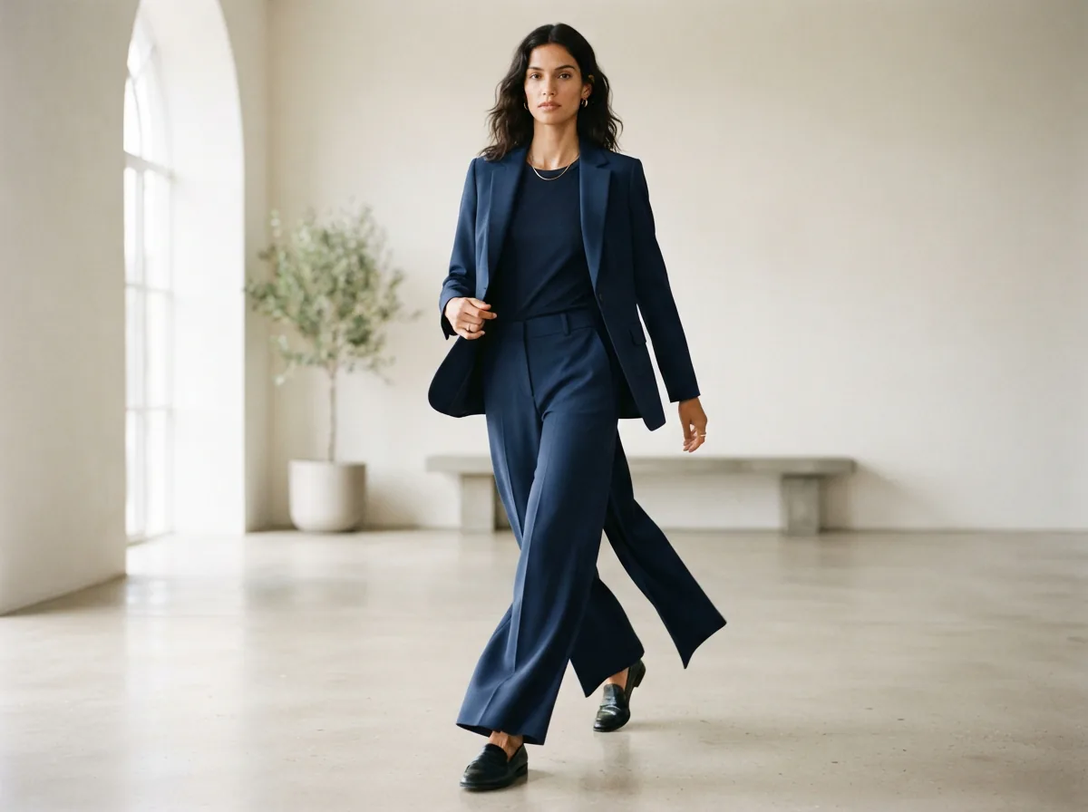 A model in a full-length pose wearing the wide-leg coordinating pants with a matching blazer.