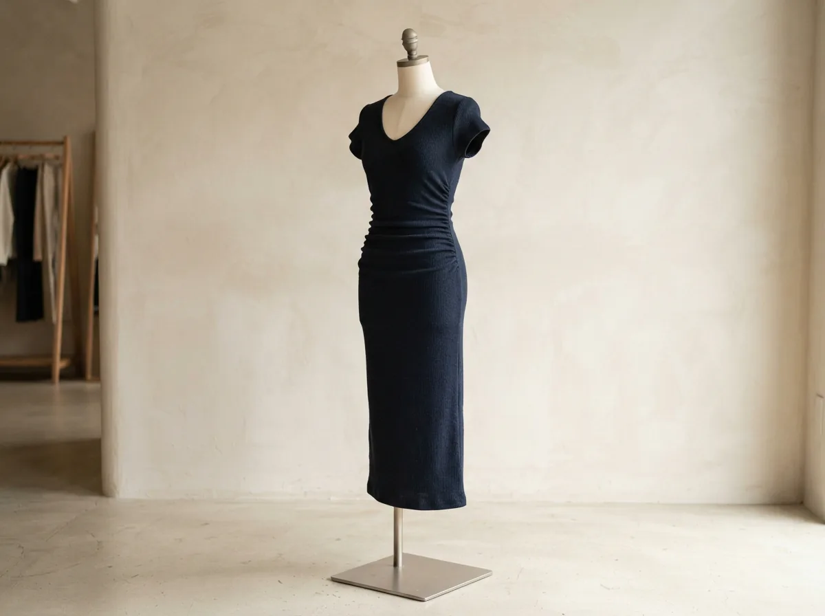 A V-neck cap sleeve ruched knit midi dress in a solid dark color.