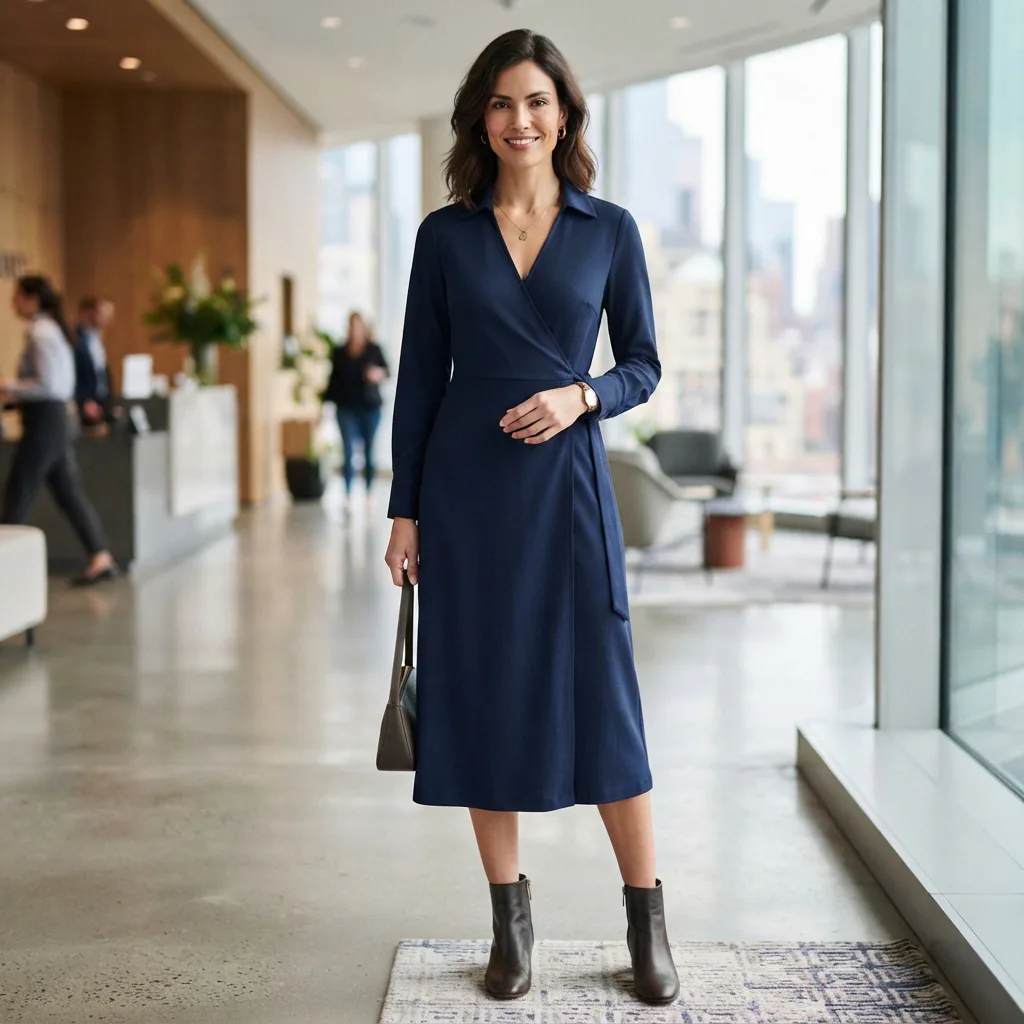 A model wearing a collared V-neck long sleeve woven midi wrap dress in a deep navy blue, standing in a modern office lobby.