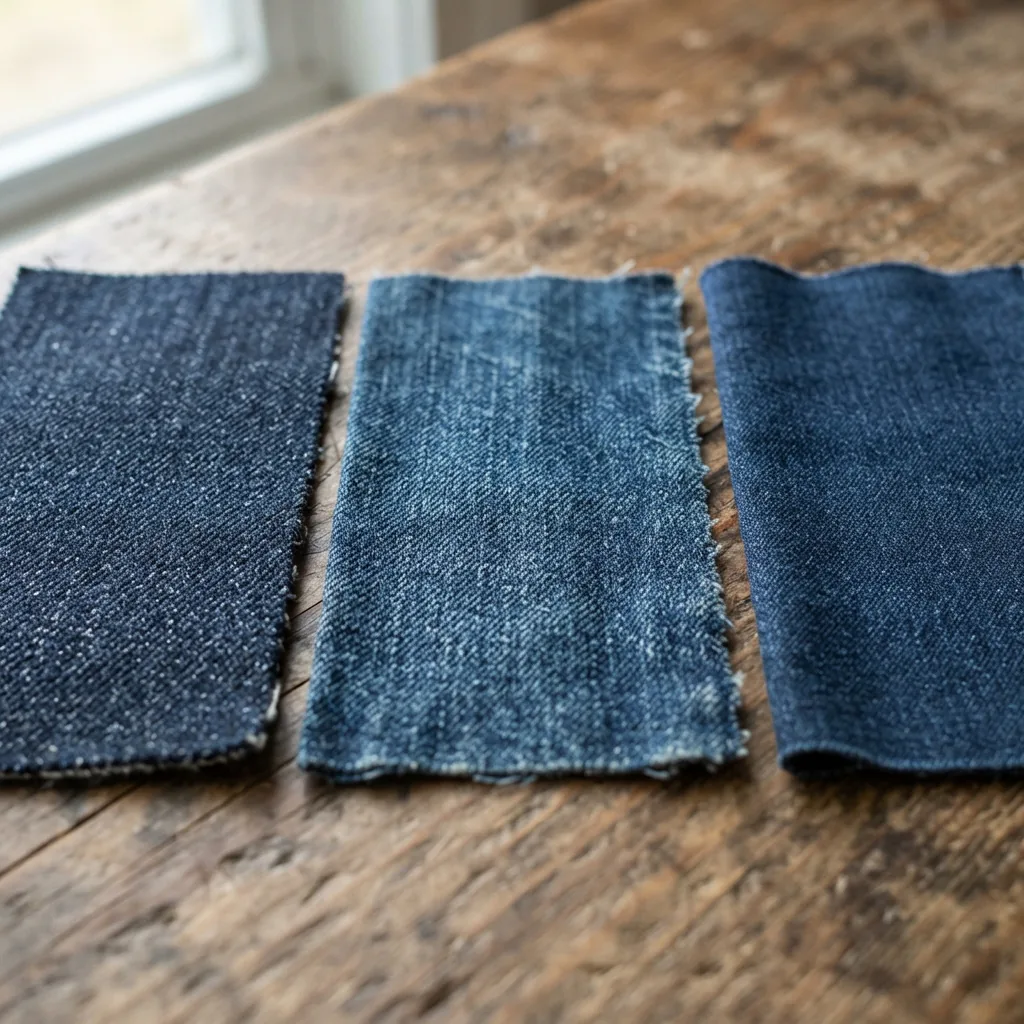 A close-up texture shot comparing the weaves of twill, denim, and stretch denim fabrics used in the collection.