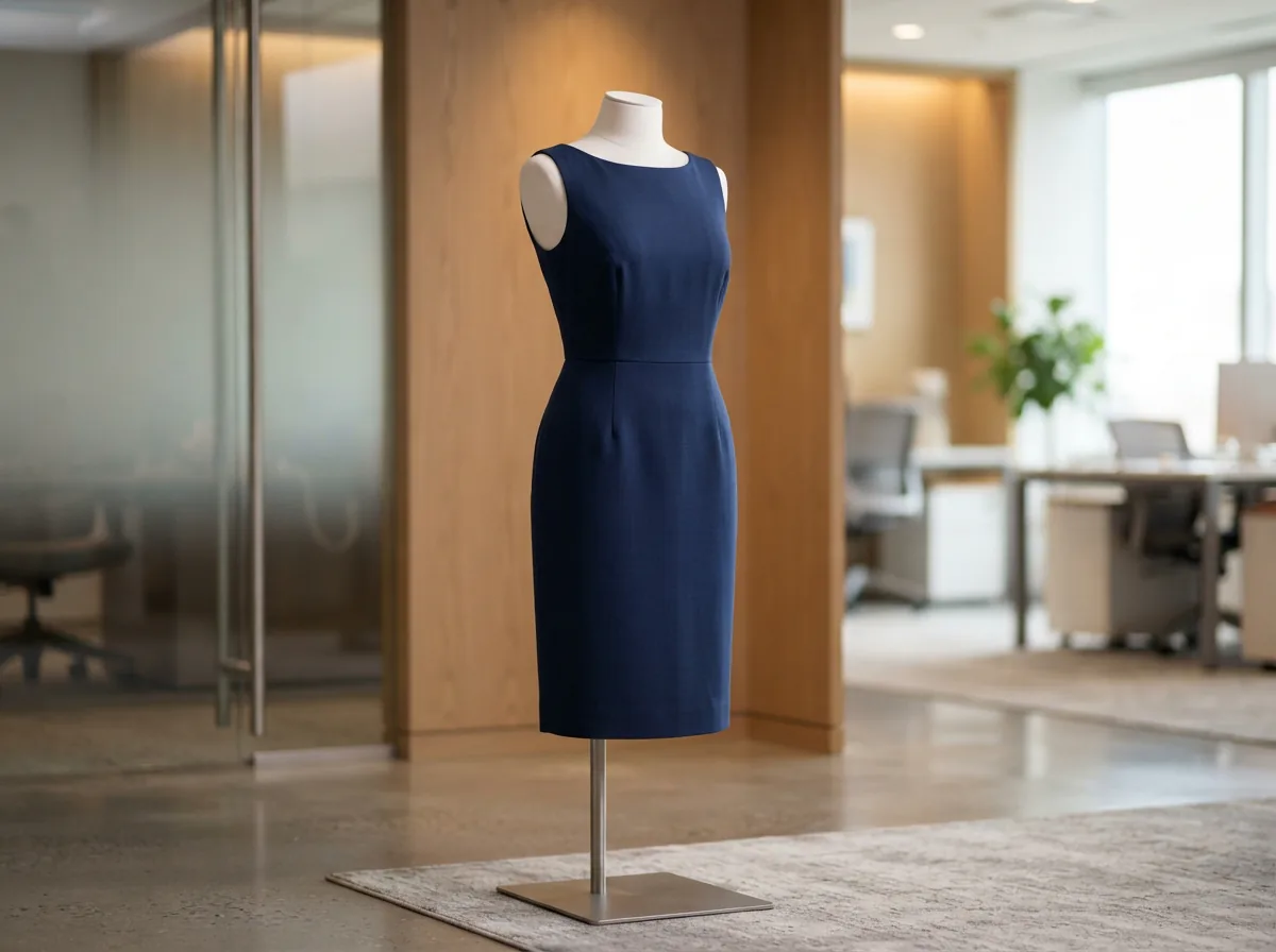 A Perfect Fit woven boat neck sleeveless sheath dress displayed on a mannequin in a professional setting.