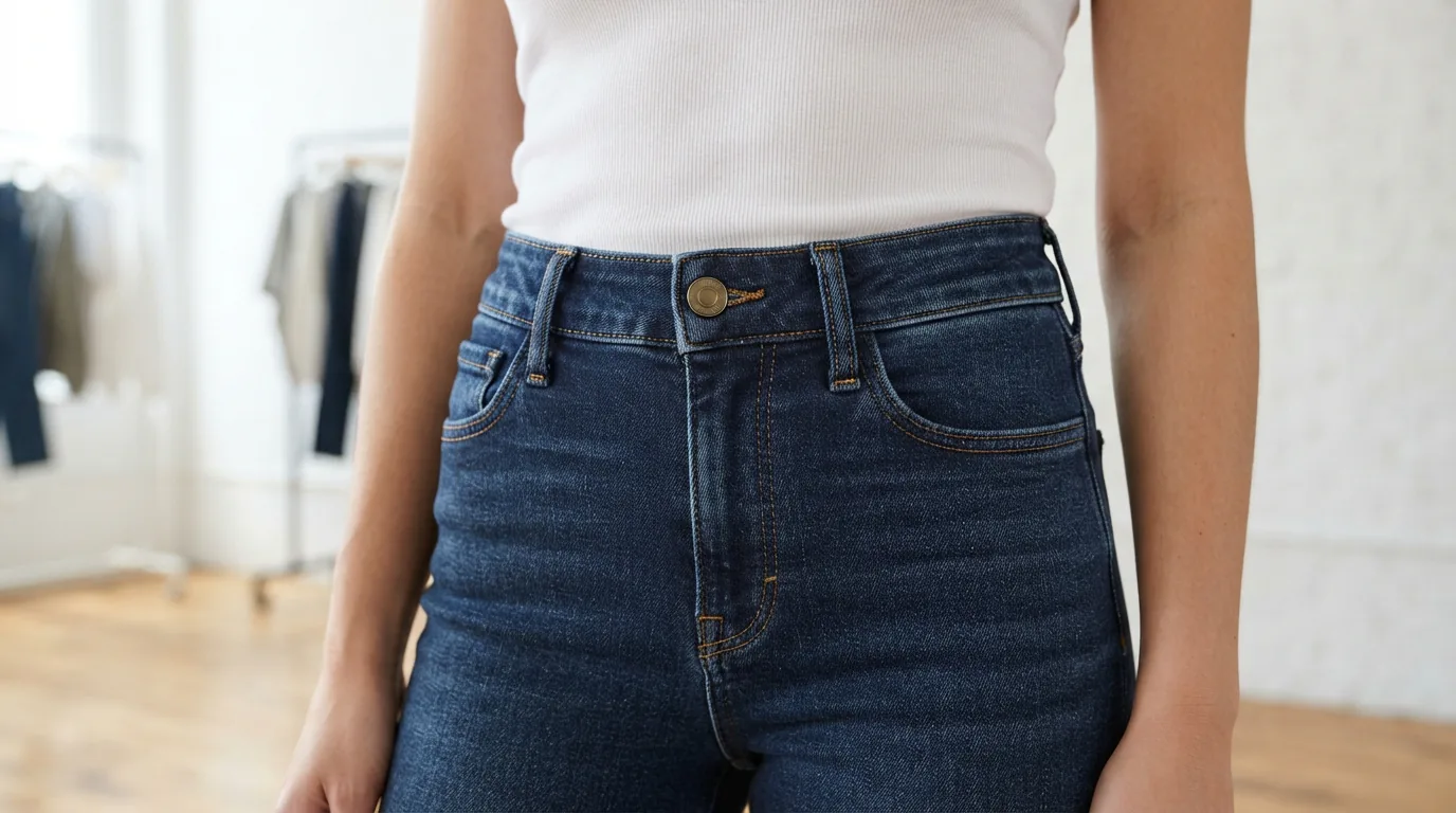 A close-up of the high-rise waistband of a pair of Gibson & Latimer jeans, showing the fit and button closure.