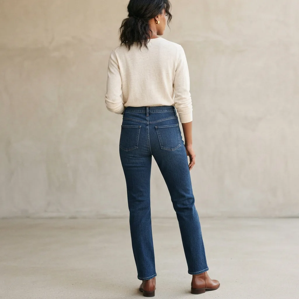 A model wearing the Perfect Fit Twill High Rise Patch Pocket Straight Leg Jeans in a classic indigo wash, standing in a relaxed pose.