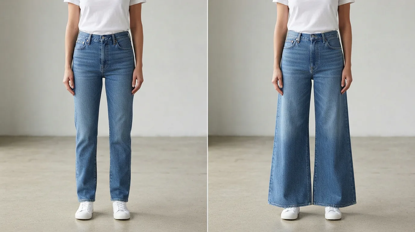 A side-by-side comparison showing the leg silhouette of straight-leg and wide-leg jeans styles.