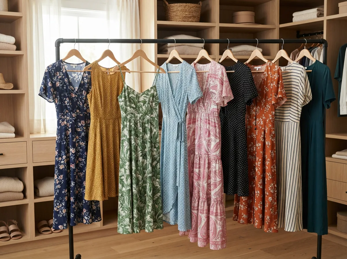 A stylish rack of various Gibson & Latimer dresses in a well-lit, organized closet setting.