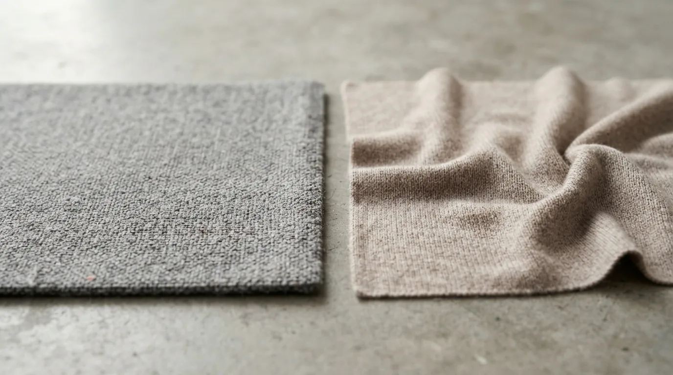 Close-up of woven fabric next to a soft knit fabric
