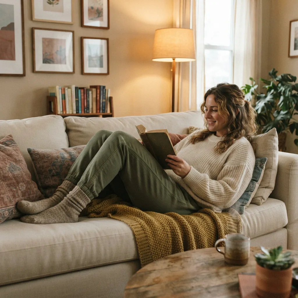 A person wearing the casual pants while relaxing on a sofa with a book.