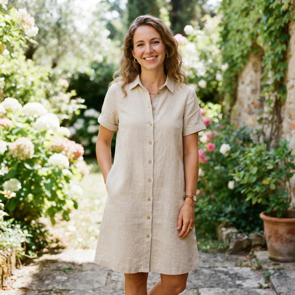 A linen blend collared short sleeve button front A-line dress on a model