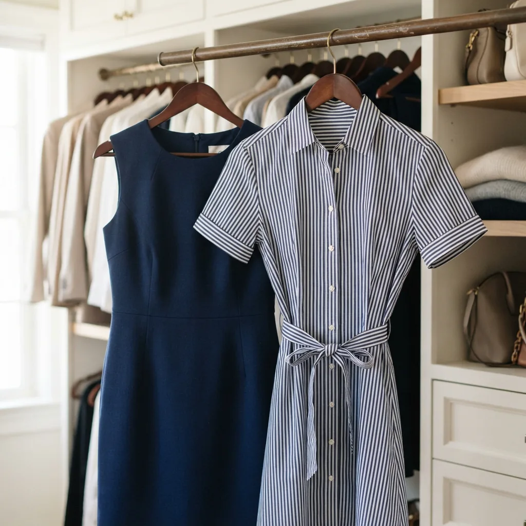 A professional sheath dress and a structured shirt dress side by side