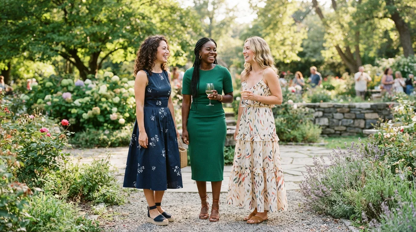 Three women in different dress silhouettes standing together outdoors.