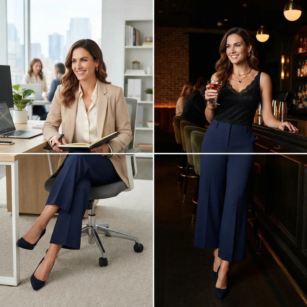 A model wearing the ankle-length wide-leg pants, transitioning from a desk to an evening setting.