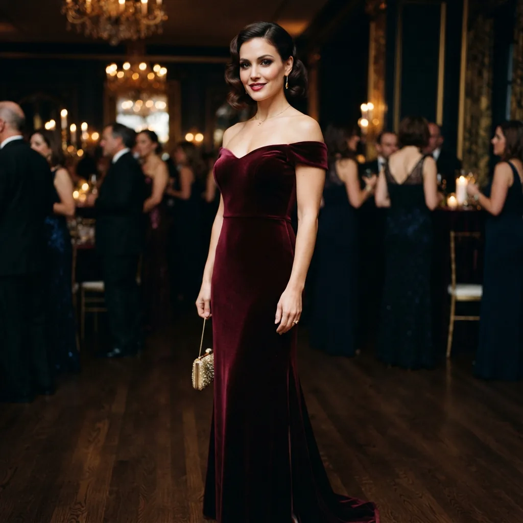 A model wearing a rich burgundy velvet off-the-shoulder cap sleeve dress, posing in an elegant evening setting.