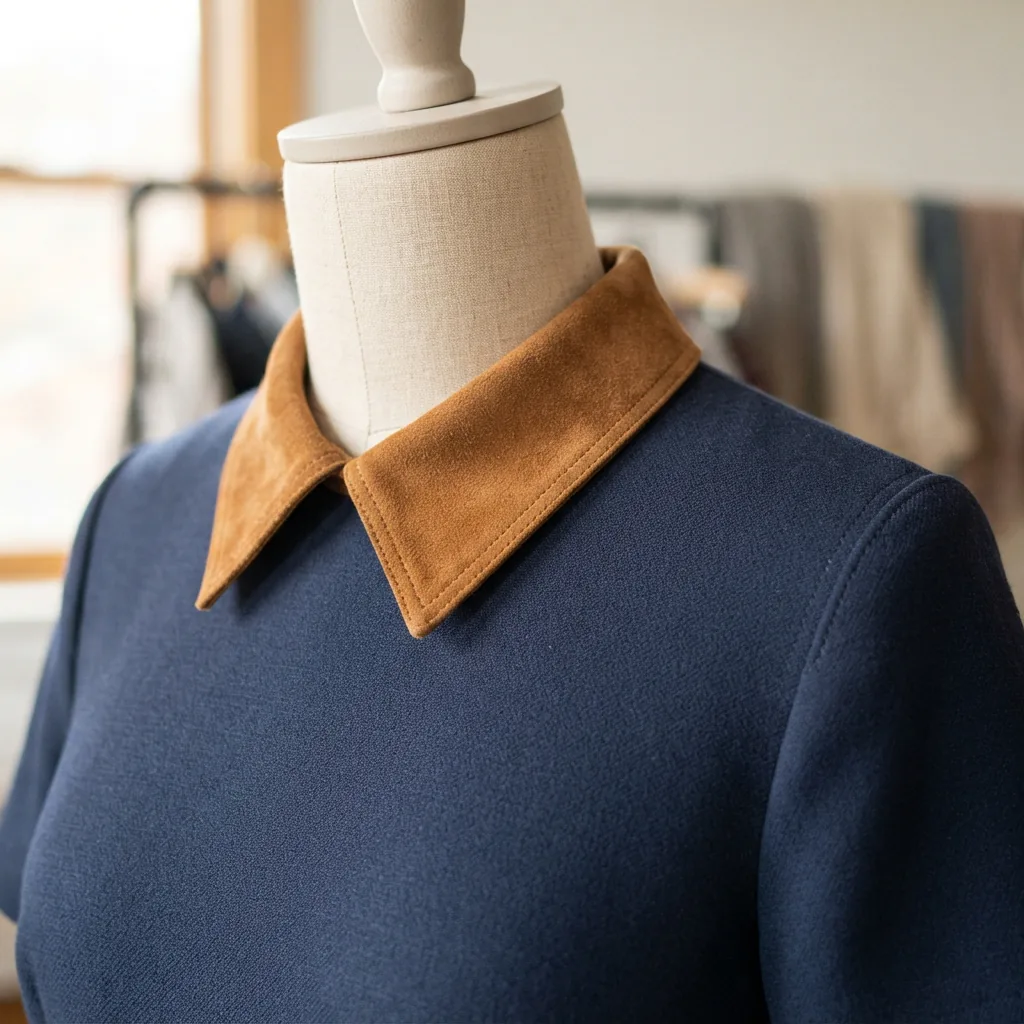 A suede collar neck short sleeve dress on a mannequin