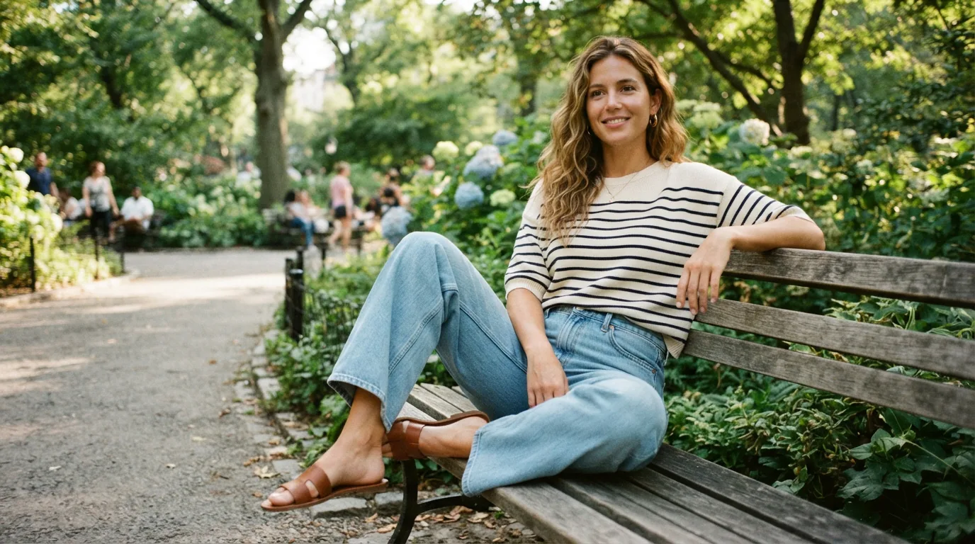 A person sitting on a park bench wearing the mid-rise wide-leg jeans and a striped top.