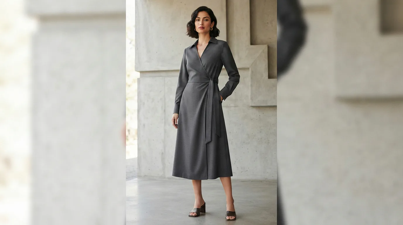 A model wearing a collared V-neck long sleeve woven wrap midi dress in a charcoal gray, posed against a minimalist architectural backdrop.