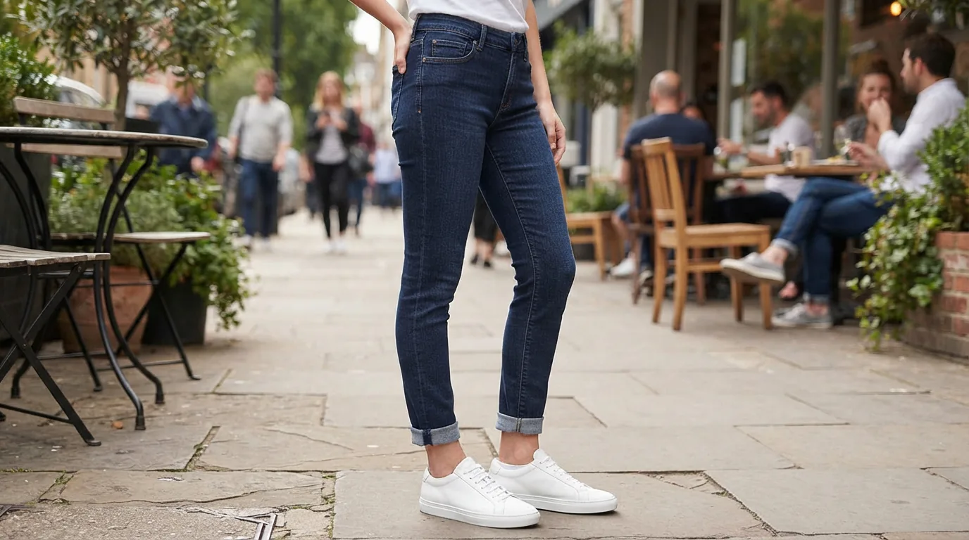 A close-up on the lower legs of a person wearing the mid-rise skinny jeans with a roll cuff and white sneakers.