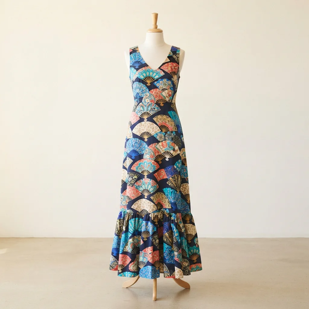 A woven fan print V-neck sleeveless A-line flounce maxi dress on a mannequin