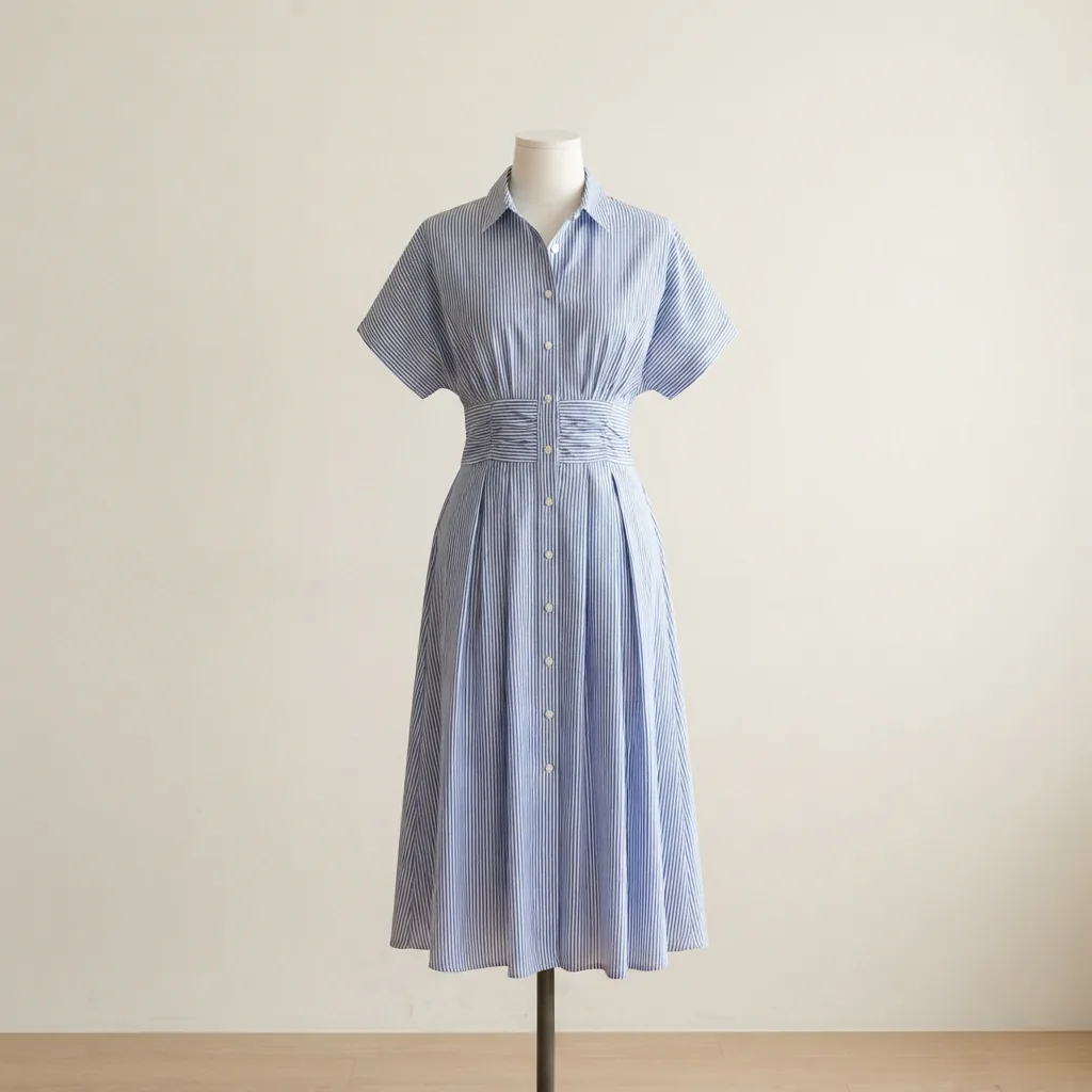 A striped point collar short dolman sleeve button front shirt midi dress with defined waist.