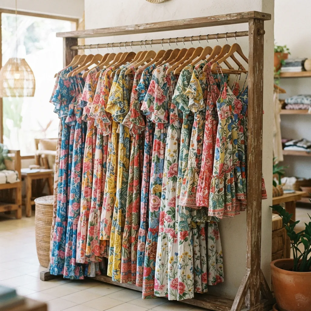 Flowy maxi dresses with floral prints and flounce hems displayed in a casual setting.